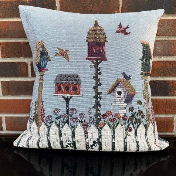 Tapestry Throw Pillow Birdhouses Spring Flowers Folded Blue Backing - Picture 1 of 4